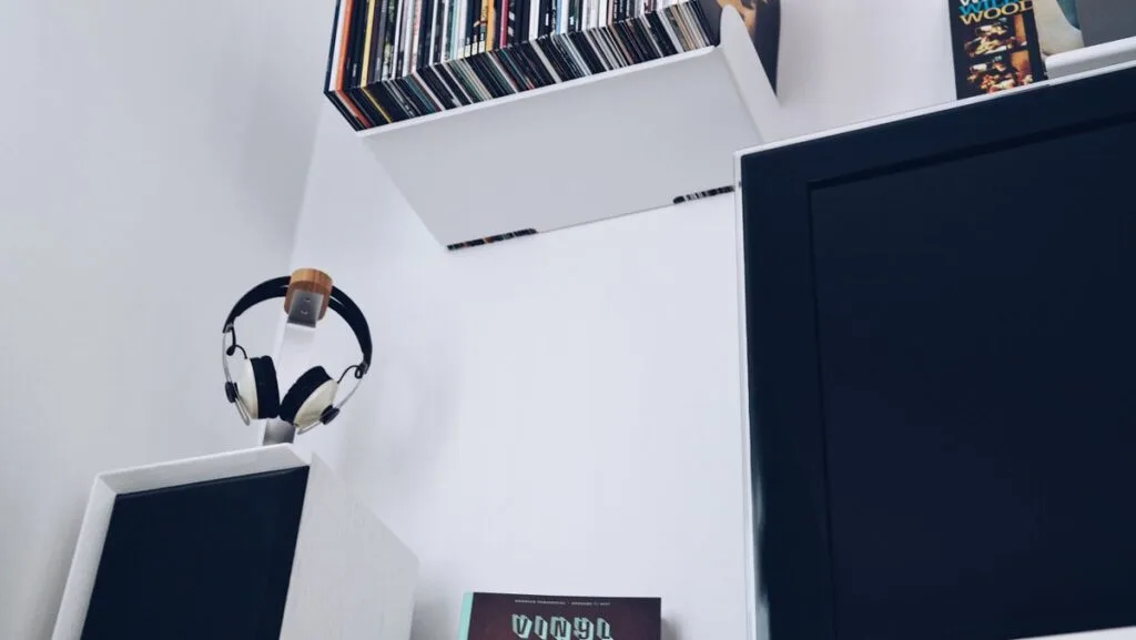 A pair of bookshelf speakers on a shelf